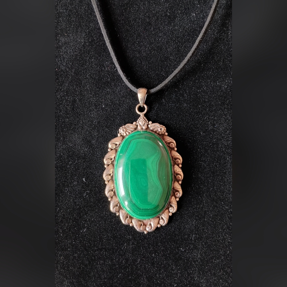 Southwestern Style Malachite and 925 Silver Pendant, 3"